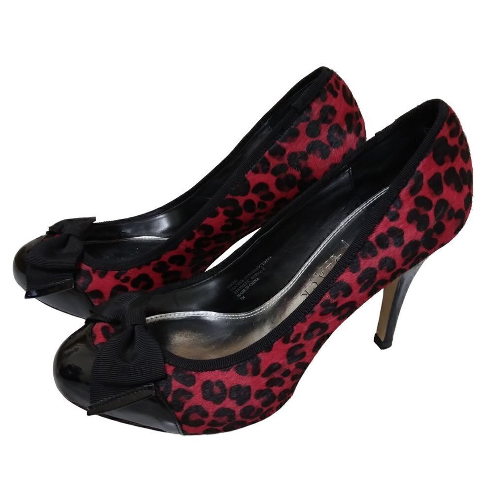 WHBM | NAOMI Red Black Leopard Print Calf Hair Heels | Size 7
